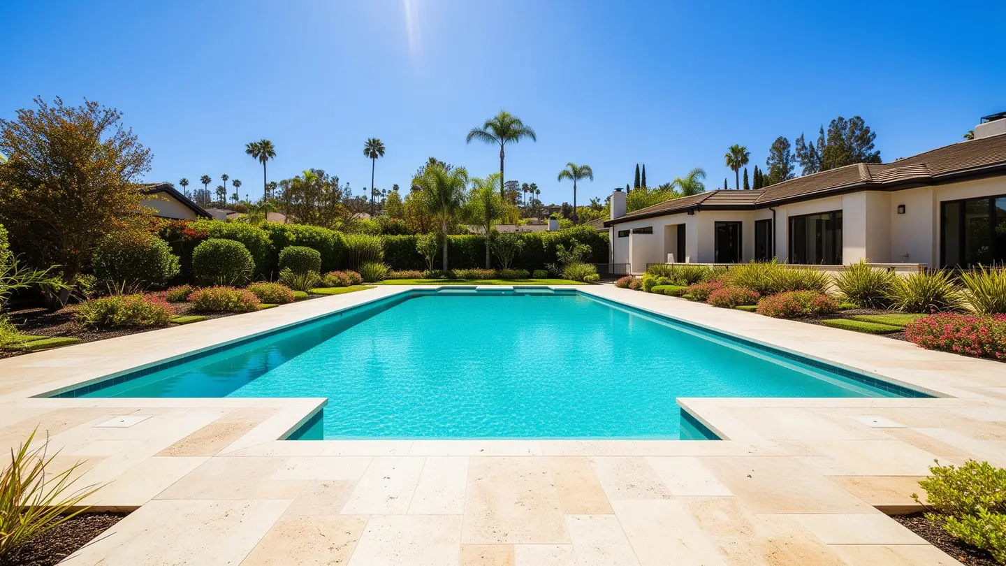 Pristine residential swimming pool serviced by Blue Ripple Pool Care